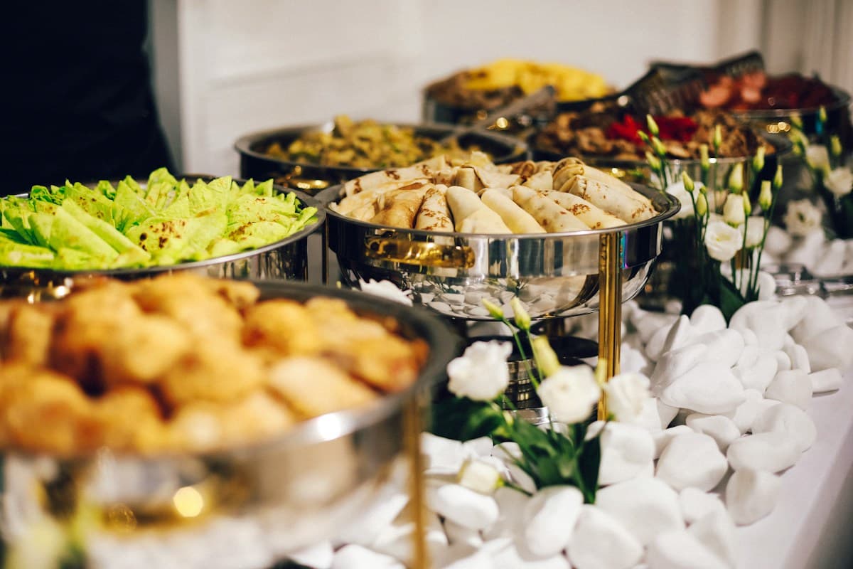 Buffet line with steel chafing dishes